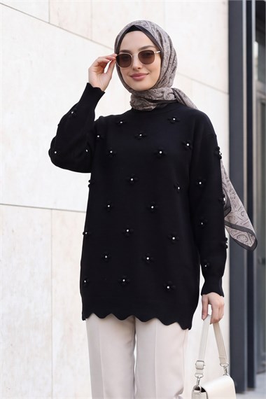 Taşlı Ponpon Detaylı Asimetrik Kesim Triko Tunik -Siyah
