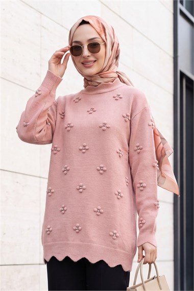 Taşlı Ponpon Detaylı Asimetrik Kesim Triko Tunik -Yavruağzı