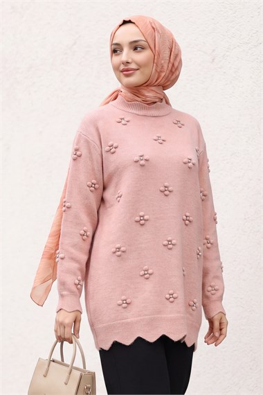 Taşlı Ponpon Detaylı Asimetrik Kesim Triko Tunik -Yavruağzı
