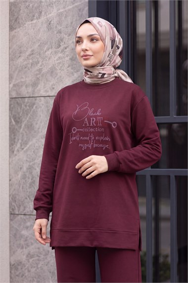 Taşlı Yazı Detaylı Yırtmaçlı Pantolonlu Penye Takım   -Mürdüm