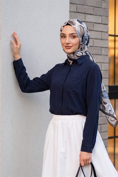 Tep Cepli Arkası Uzun Oversize Keten Gömlek -Lacivert