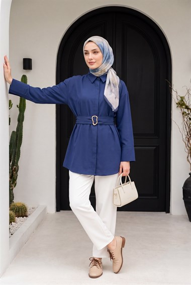 Tokalı Kemerli Duble Manşet Kol Gizli Düğmeli Poplin Tunik -Lacivert