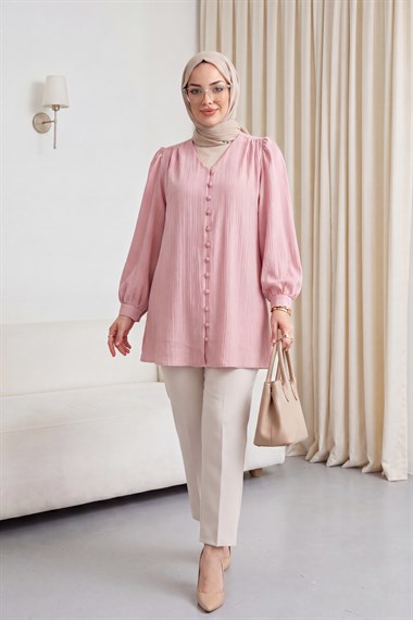 Top Düğmeli V Yaka Jakarlı Krinkıl Tunik  -Pembe