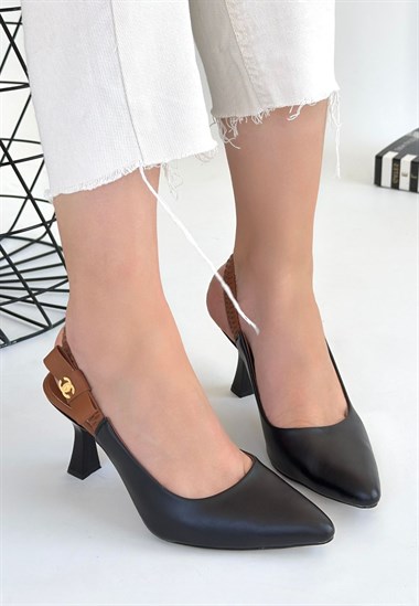 Toran Cilt Topuklu Ayakkabı -Siyah