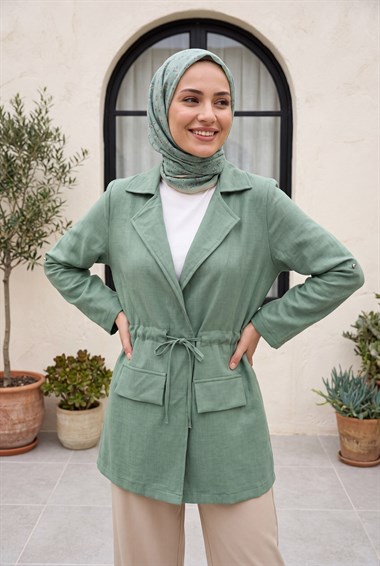 Tünel Bağcıklı Cep Detaylı Keten Görünümlü Kimono -Mint