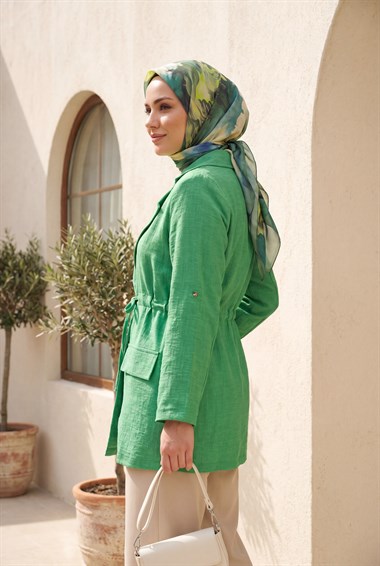 Tünel Bağcıklı Cep Detaylı Keten Görünümlü Kimono -Acık Yeşil