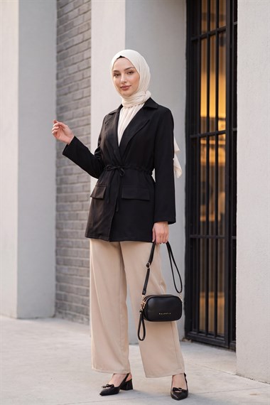 Tünel Bağcıklı Cep Detaylı Keten Görünümlü Kimono -Siyah