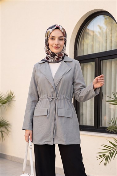 Tünel Bağcıklı Cep Detaylı Keten Görünümlü Kimono -Açık Gri