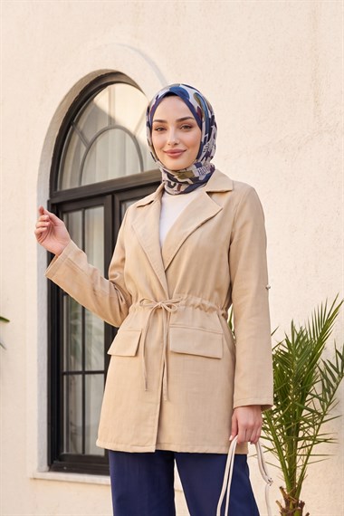 Tünel Bağcıklı Cep Detaylı Keten Görünümlü Kimono -Vizon
