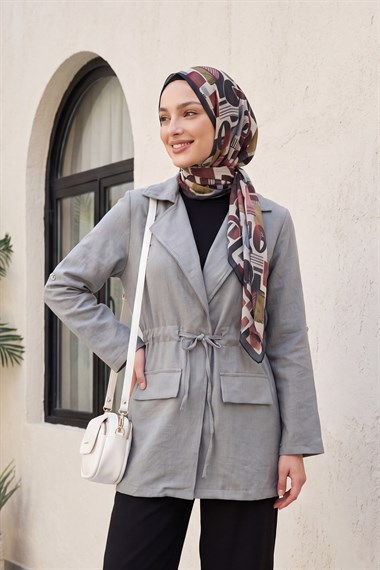 Tünel Bağcıklı Cep Detaylı Keten Görünümlü Kimono -Açık Gri