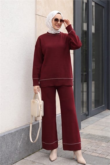 Uçları Fitilli Desenli Pantolonlu Triko Takım  -Bordo