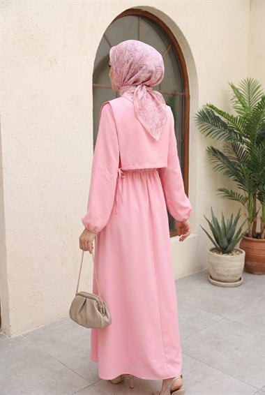 Üstü Gömlek Detaylı Elbise Takım    -Pembe