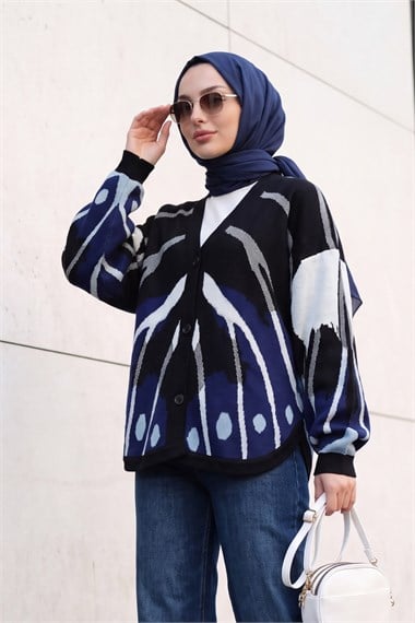 Womens V-Neck Button-Front Patterned Batwing-Sleeve Double-Fabric-Knita Knit Cardigan - Navy
