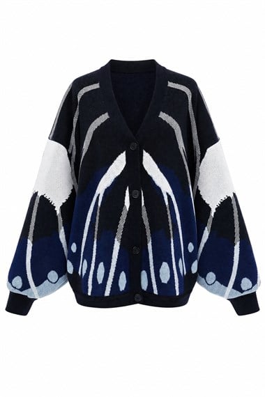 Womens V-Neck Button-Front Patterned Batwing-Sleeve Double-Fabric-Knita Knit Cardigan - Navy