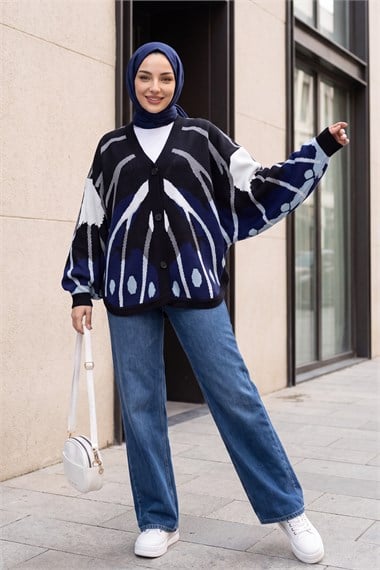 Womens V-Neck Button-Front Patterned Batwing-Sleeve Double-Fabric-Knita Knit Cardigan - Navy