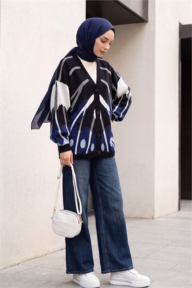 Womens V-Neck Button-Front Patterned Batwing-Sleeve Double-Fabric-Knita Knit Cardigan - Navy