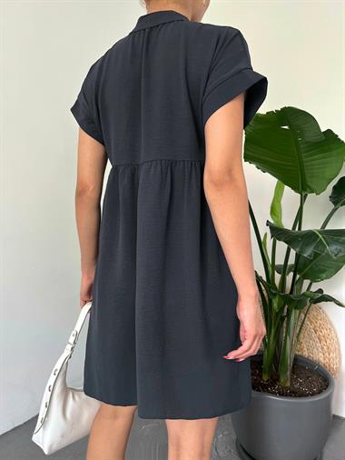 V Yaka Fistolu Ayrobin Elbise -Siyah