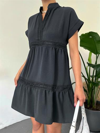 V Yaka Fistolu Ayrobin Elbise -Siyah