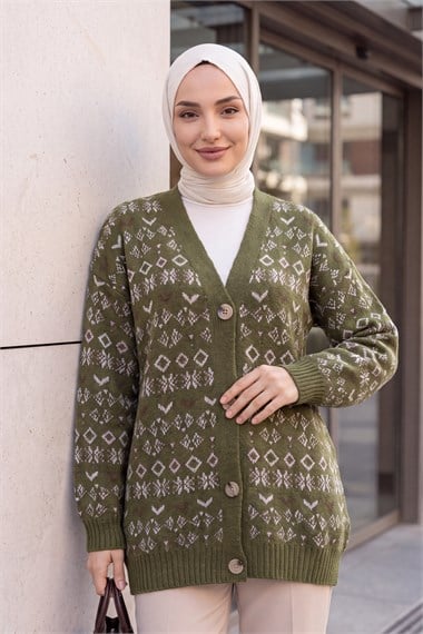 V Yaka Karışık Desenli Düğmeli Triko Hırka -Zeytin yeşili