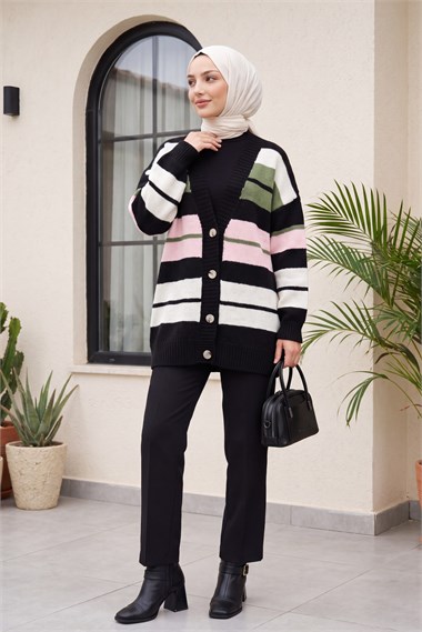 Womens V-Neck Multicolor Stripe Patterned Button-Front Relaxed Knit Cardigan - Pink