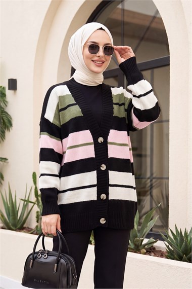Womens V-Neck Multicolor Stripe Patterned Button-Front Relaxed Knit Cardigan - Pink