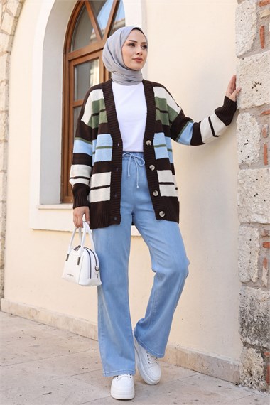 Womens V-Neck Multicolor Stripe Patterned Button-Front Relaxed Knit Cardigan - Baby Blue