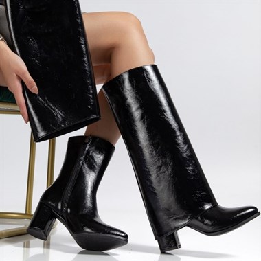 Wila Parlak Topuklu Tak Çıkar Çizme -Siyah