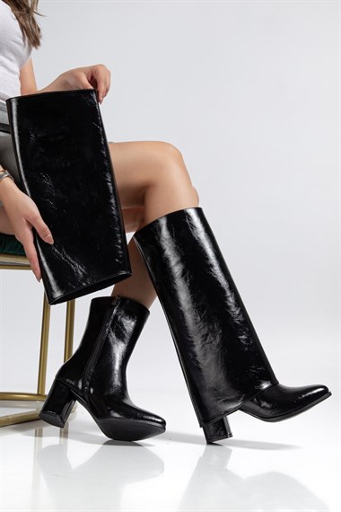 Wila Parlak Topuklu Tak Çıkar Çizme -Siyah