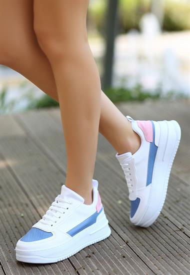 Wondi Beyaz Cilt Mavi Detaylı Bağcıklı Spor Ayakkabı