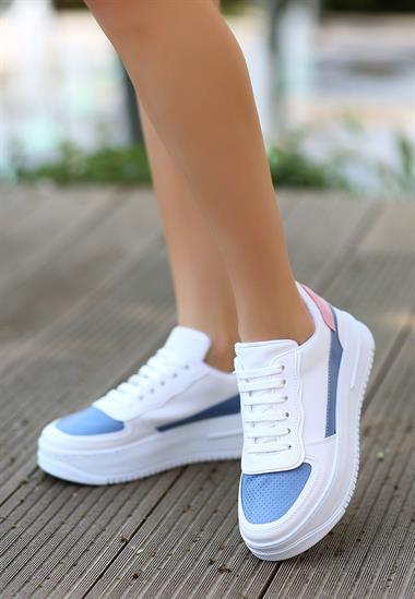 Wondi Beyaz Cilt Mavi Detaylı Bağcıklı Spor Ayakkabı