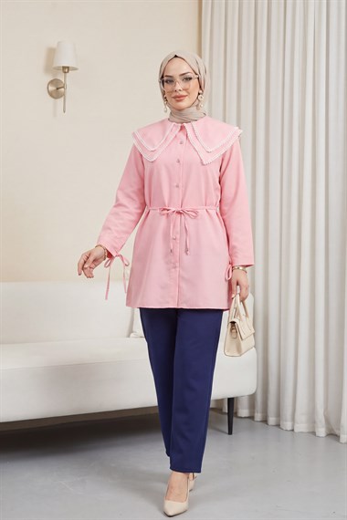 Yakası Dantelli Beli Ve Kolu Bağcıklı Poplin Tunik  -Pembe