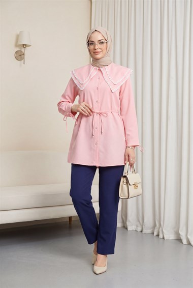 Yakası Dantelli Beli Ve Kolu Bağcıklı Poplin Tunik  -Pembe