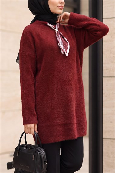 Yakası Fular Detaylı Yumoş Triko Tunik -Bordo