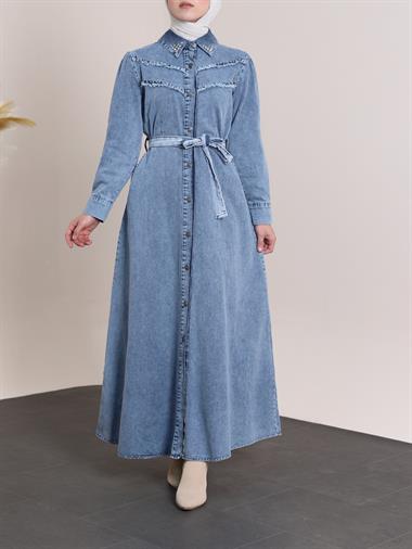 Yakası Ve Göğsü Taşlı Eskitme Kot Elbise  -Buz Mavi