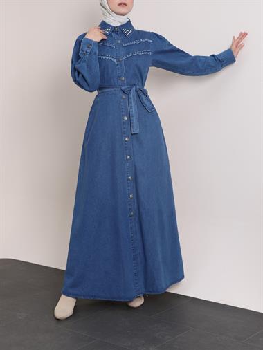 Yakası Ve Göğsü Taşlı Eskitme Kot Elbise -Koyu Mavi
