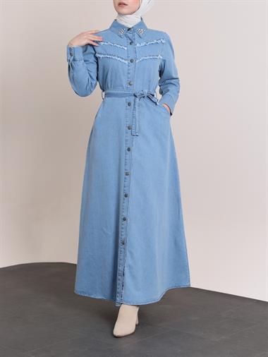 Yakası Ve Göğsü Taşlı Eskitme Kot Elbise -Açık Mavi