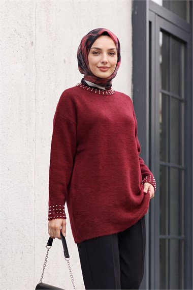 Yakası Ve Kolu İncili Sakallı Salaş Triko Tunik -Bordo