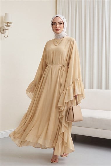 Yanı Fırfırlı Asimetrik Kesim Bağcıklı İçlikli Şifon Elbise Abaya Takım  -Bej