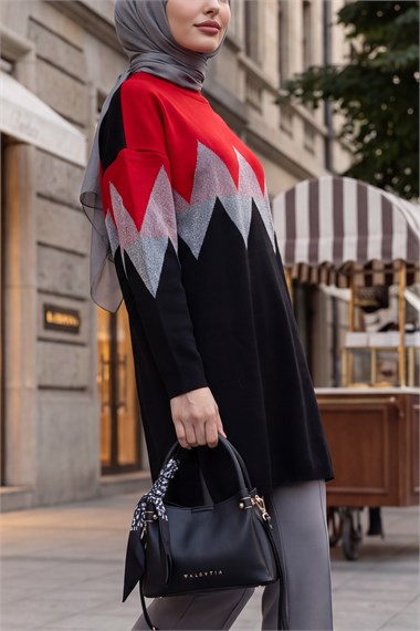 Yanı Yırtmaçlı Zikzak Desenli Simli Salaş Triko Tunik  -Kırmızı