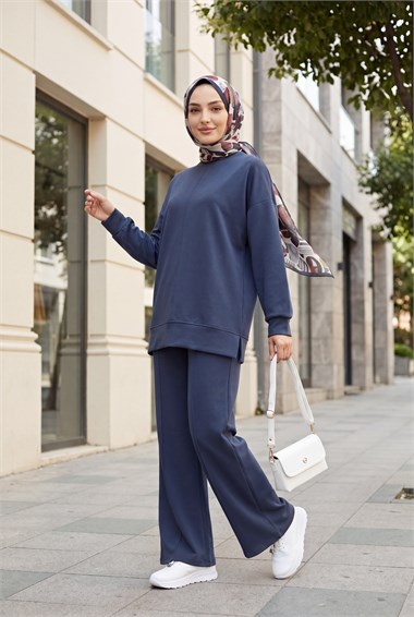 Womens Sides Slit Front Topstitched Pants Oysho Set - Charcoal