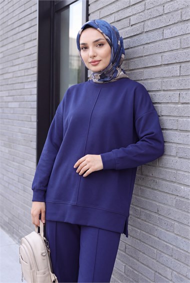 Womens Sides Slit Front Topstitched Pants Oysho Set - Navy