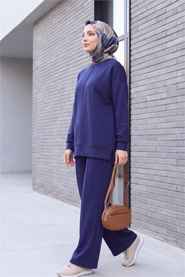 Womens Sides Slit Front Topstitched Pants Oysho Set - Navy