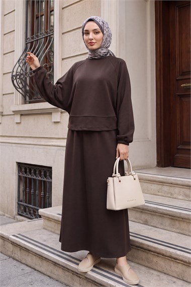 Womens Batwing-Sleeve Elastic-Waist Crew-Neck Skirted Oysho Set - Dark Brown