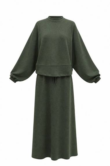 Womens Batwing-Sleeve Elastic-Waist Crew-Neck Skirted Oysho Set - Almond Green