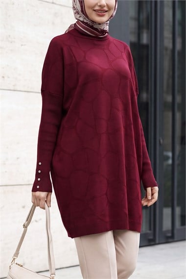 Yarım Boğazlı Düşük Omuzlu Kolları Taş Detaylı Triko Tunik -Bordo