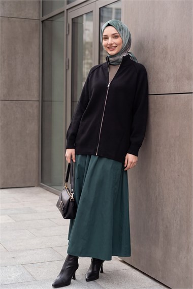 Womens Mock-Neck Zip-Up Seam Detail Knit Cardigan - Black