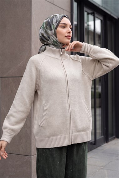 Womens Mock-Neck Zip-Up Seam Detail Knit Cardigan - Cream