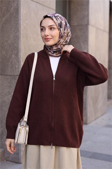 Womens Mock-Neck Zip-Up Seam Detail Knit Cardigan - Burgundy