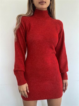 Yarım Boğazlı Kışlık Yumoş Triko Tunik -Kırmızı