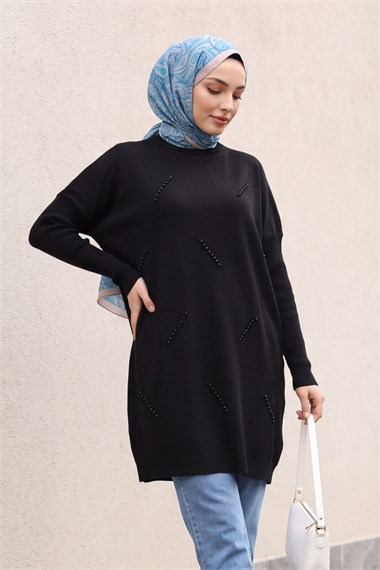 Yarım Boğazlı Sıralı İncili Salaş Triko Tunik -Siyah